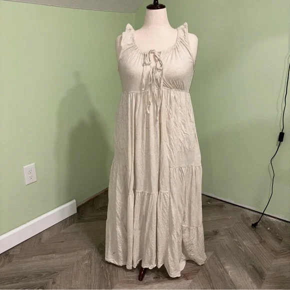 FP Beach Tie Front Sleeveless Tiered Maxi Dress Cream Boho Cottage Women’s Sz M - Picture 1 of 5